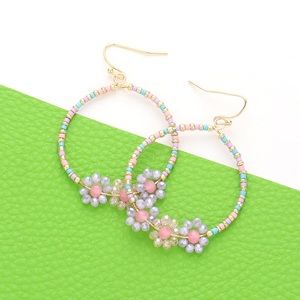 Lavender Faceted Beaded Triple Flower Accented Open Circle Dangle Earrings